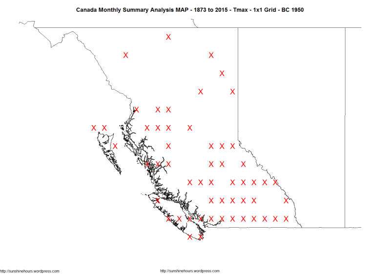 Canada Monthly Summary Analysis MAP - 1873 to 2015 - Tmax - 1x1 Grid - BC 1950
